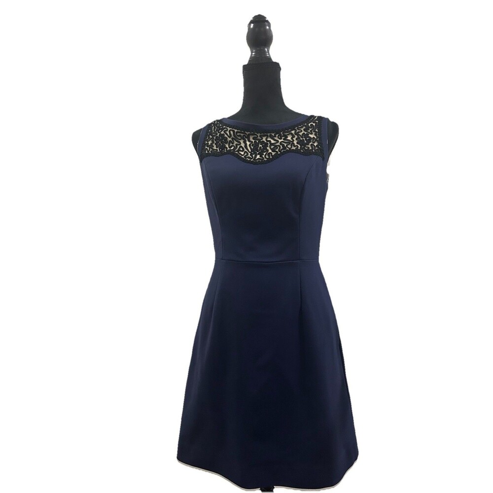 Lilly Pulitzer Womens 8 Dress Navy Blue Sleeveless Black Lace Bodice Round Neck